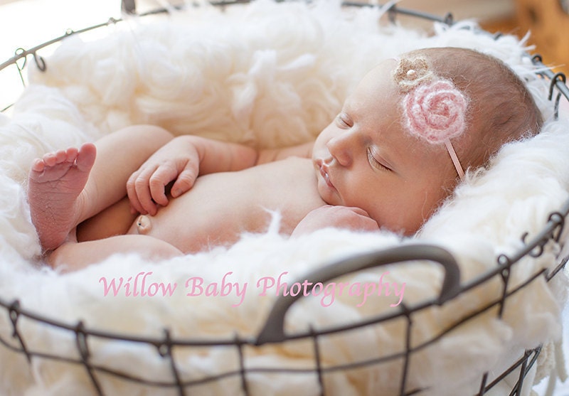 Newborn Photo Prop Headband - Mohair and Silk - Photography Prop - Crochet Flower Headband - Child Toddler Baby Girl - Blush Oat Pink Tan