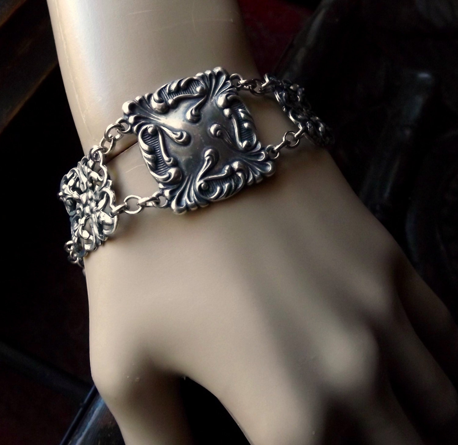 Vintage inspired bracelet, silver medallion and filigree plaques, Mothers Day