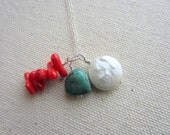 Summer Dreams Turquoise, Red Coral and White Coin Pearl Necklace, Sterling Silver, Nautical Beach Necklace