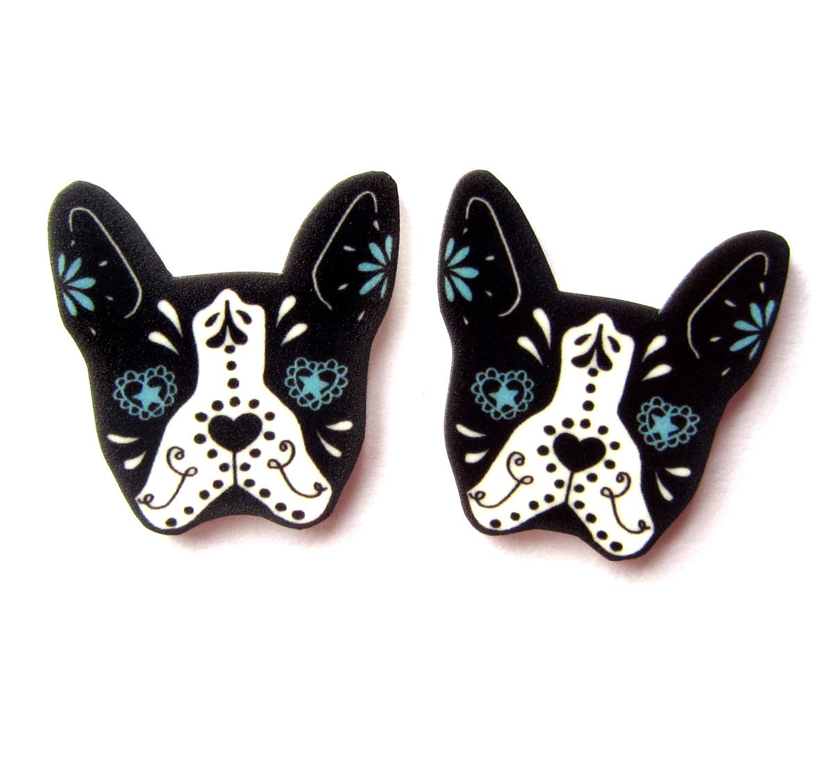 Sugar Skull Style Boston Terrier Earrings in White by Dolly Cool Dog Bostie Day of the Dead