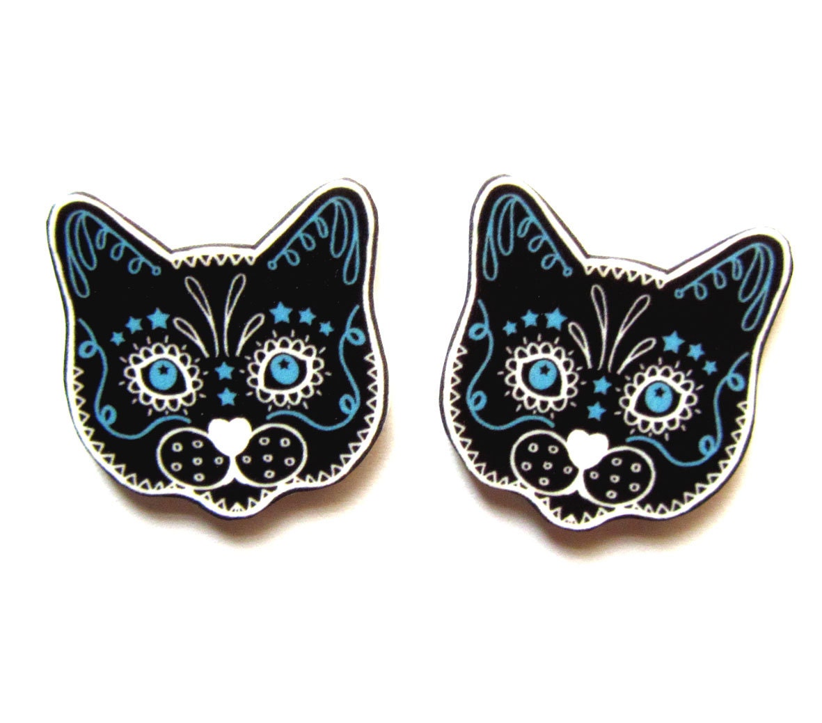 Sugar Skull Style Black Cat Earrings by Dolly Cool Kitty Day of the Dead
