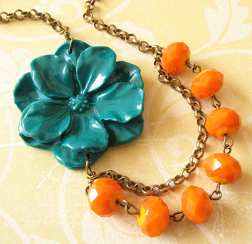 Flower Necklace Bridesmaid Jewelry Orange Necklace Emerald Green Jewelry Bib Statement Necklace Double Strand