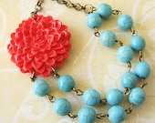 Flower Necklace Coral Jewelry Bridesmaid Necklace Turquoise Jewelry Bib Statement Necklace Double Strand Stone Necklace
