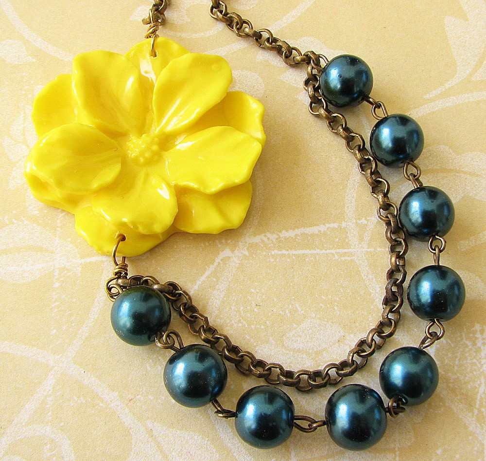 Flower Necklace Navy Blue Jewelry Yellow Necklace Bridesmaid Jewelry Bib Statement Necklace