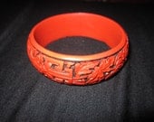 Lovely Faux Carved Cinnabar Lacquer 80s Wide Bangle Bracelet