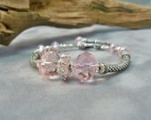 Pink and Silver Curved Tube Bracelet, Pink Crystal Bracelet, Silver bracelet, Handmade Jewelry