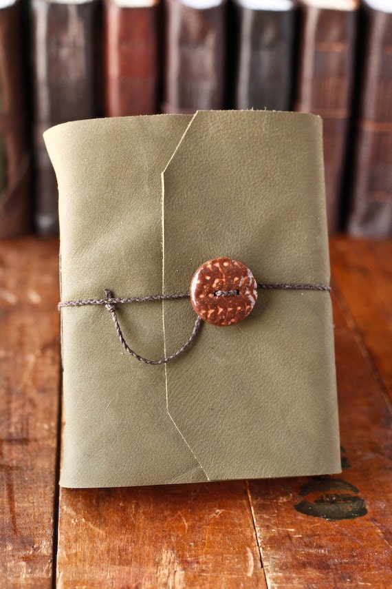 Green Leather Journal with Handmade Ceramic Button