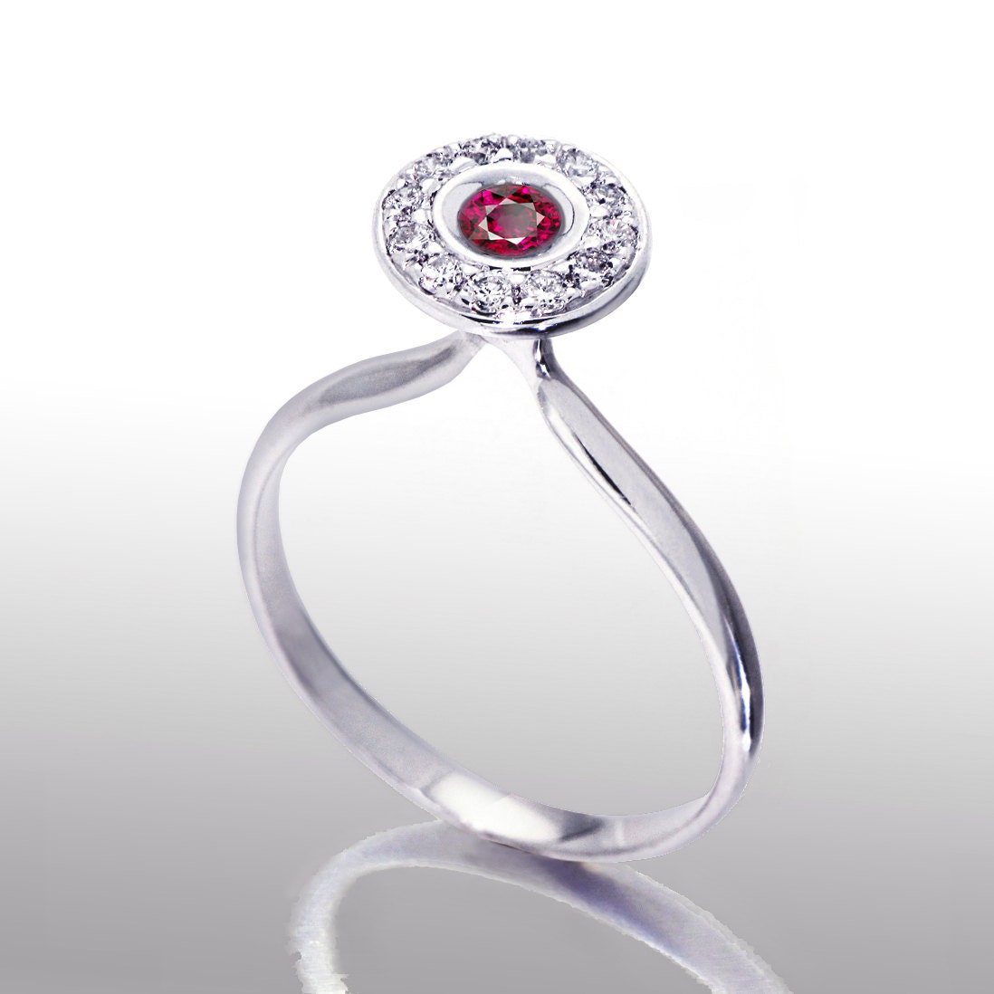 GENESIS Unique Engagement Ring, Ruby ring, Diamond Halo Ring, 14k White Gold Ring, Arosha Italian Fine Jewelry