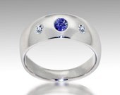 Three Stone Wedding Ring, Diamond Sapphire Ring, 14k White Gold rings, Diamond Wedding Band, Womens Mens Wedding Band, Italian Jewelry