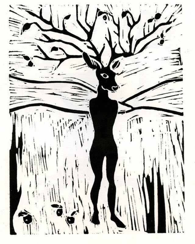 Original deerwoman linocut print
