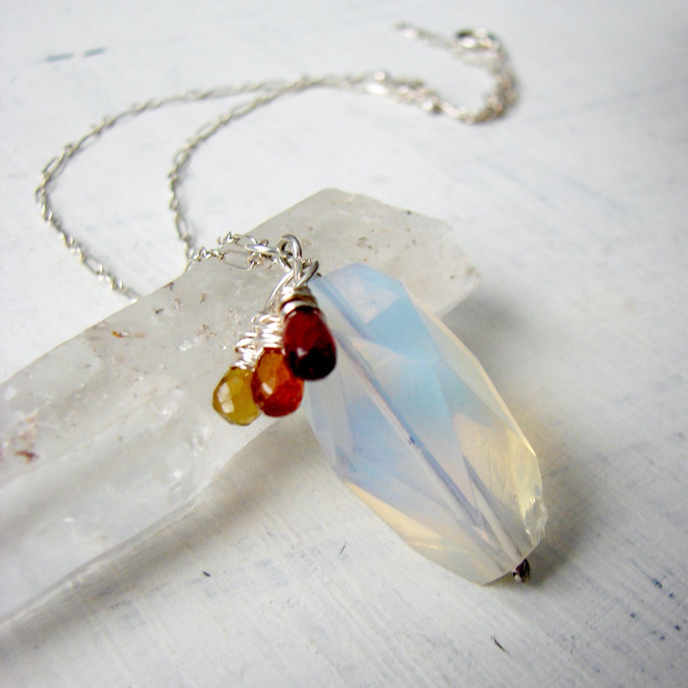 Long Clear Crystal Red Orange and Yellow Tundra Sapphire Gemstone Pendant