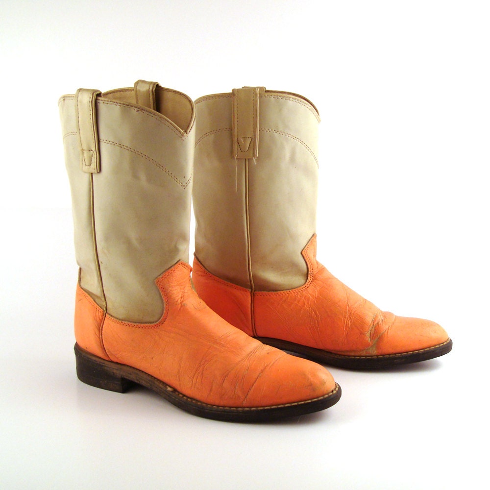 Cowboy Boots Vintage Peach and Cream Roper Leather Flat Texas Women's 8 1/2