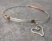 Sterling Silver, Copper, Adjustable Bangle Bracelet, Heart, One Size Fits Most, Gift, Birthday, Anniversary, made to order