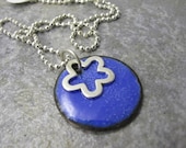 Round Enamel Pendant, Necklace, blue, purple, Sterling Flower, Birthday, Gift