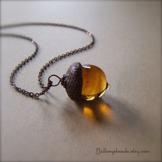 Glass Acorn Necklace in Streaky Transparent Topaz by Bullseyebeads