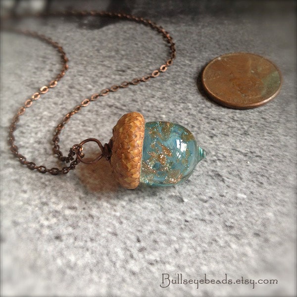 Mini Glass Acorn Necklace - Pale Aquamarine with Goldstone Sparkle by Bullseyebeads