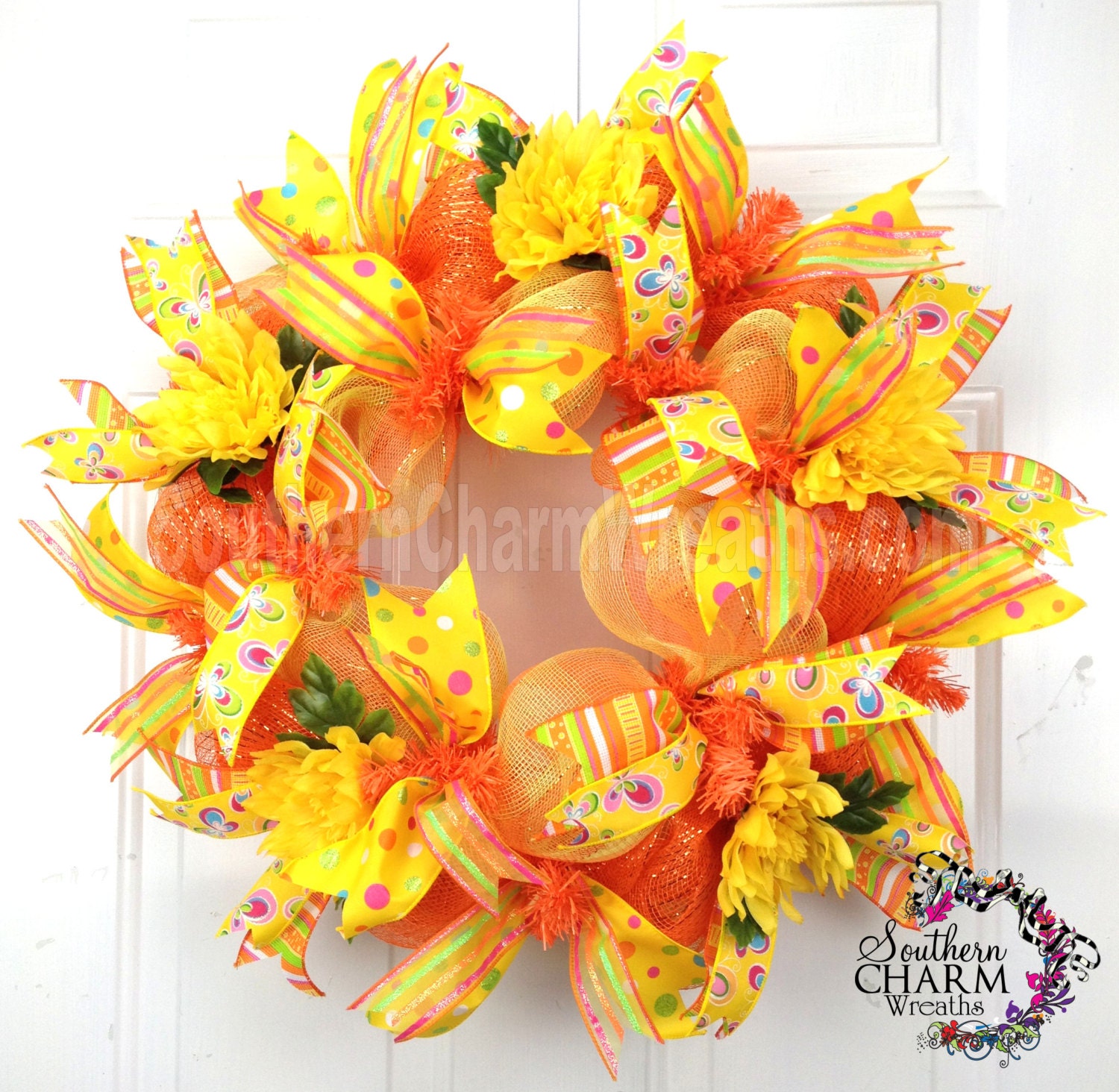 Deco Mesh Spring Summer Wreath Slim Screen Door Orange Yellow Door Wreath - SouthernCharmWreaths