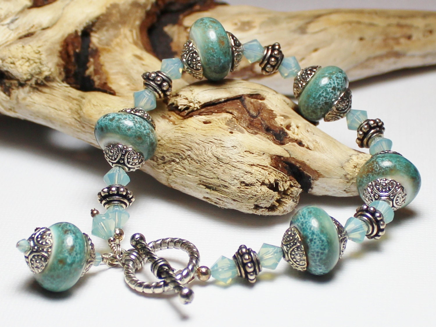 Handmade Jewelry Bracelet Beaded Sea Blue Aqua Turquoise Silver Ceramic Beads Crystal Bali Style Bead Caps Beach...Gulf Coast