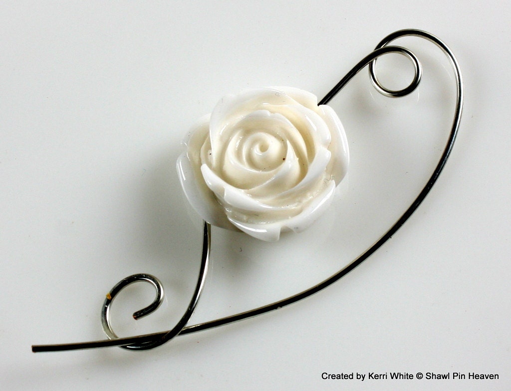 Shawl Pin, Scarf Pin, Brooch - Medium White Resin Rose - 18 gauge wire