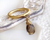 Smoky quartz faceted teardrop stone wrapped on gold ring - Dangle Ring