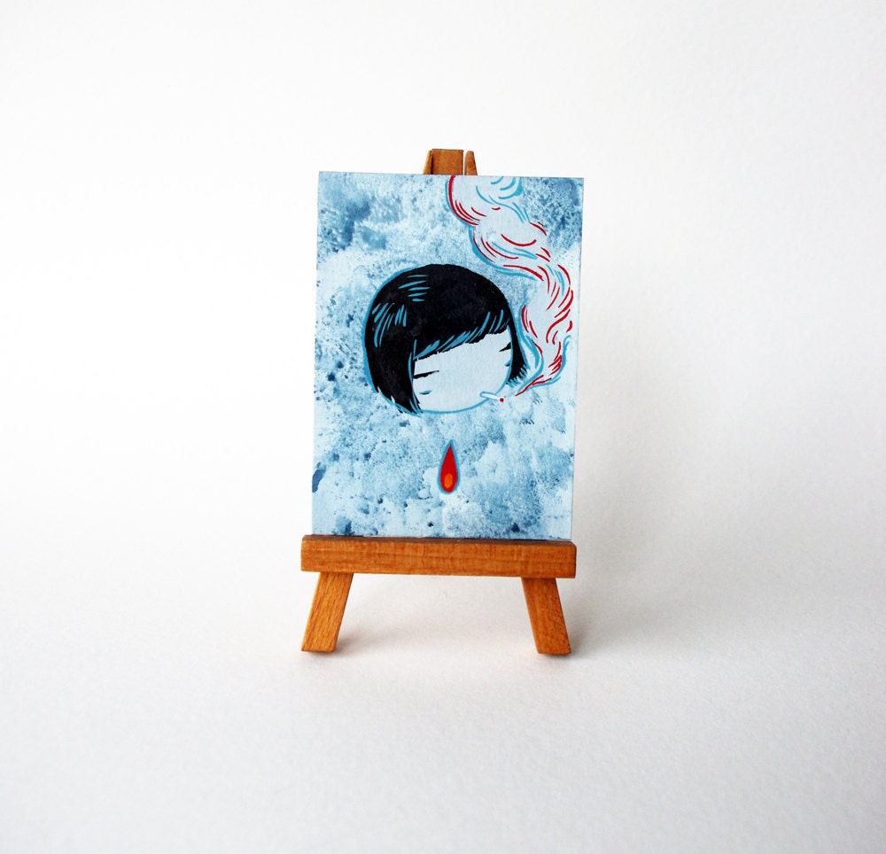 Smokin - Watercolor Painting of little punk girl - original ACEO number 12