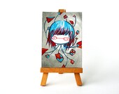 Original art - Watercolor painting - Girl drawing with geometry - ACEO number 78