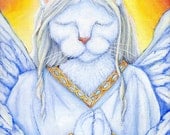 White Cat Angel, Dressed in Robes, Feather Wings, Fine Art Print by Tara Fly