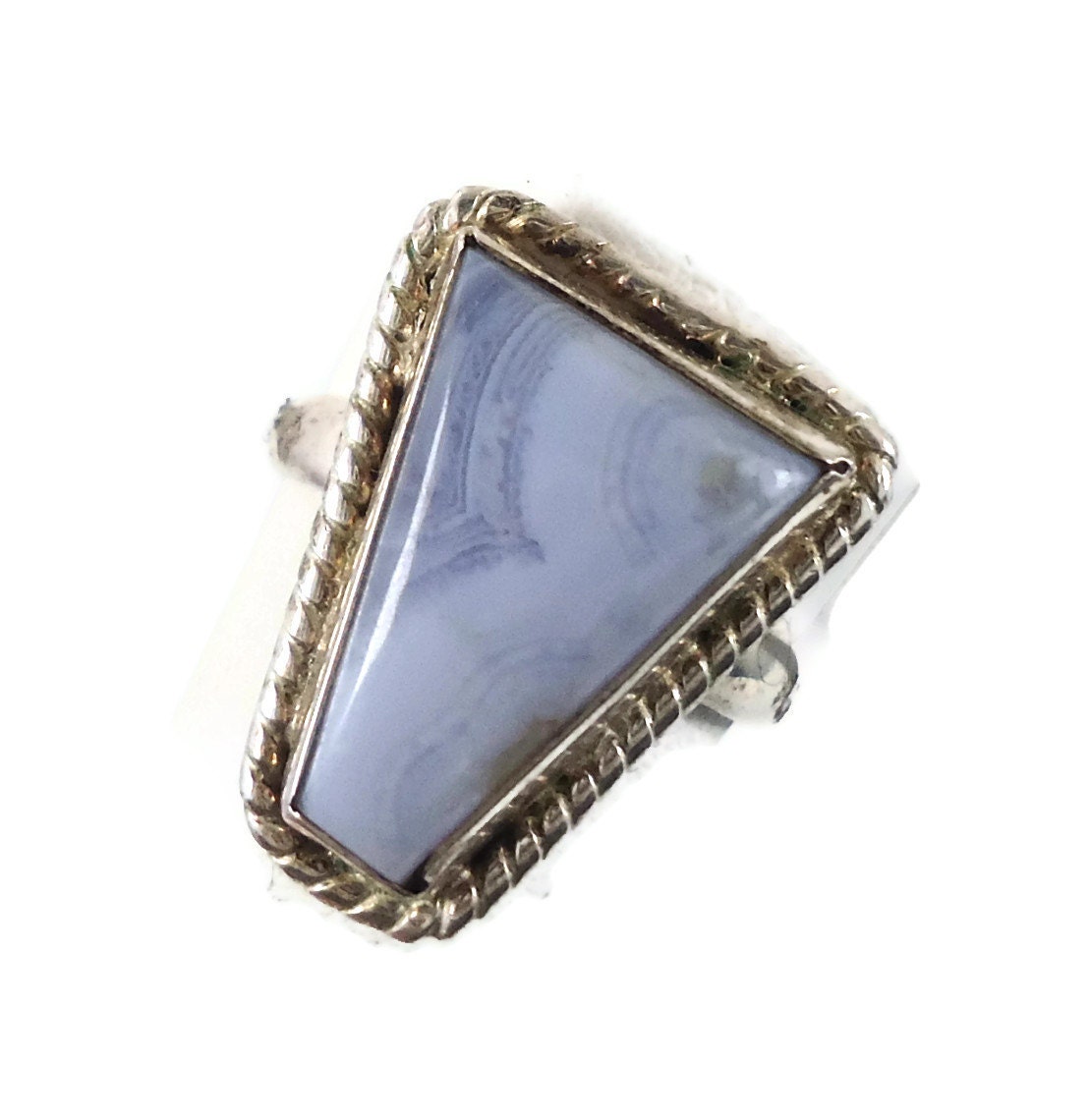 Blue Lace Agate Sterling Silver Ring - Vintage Big Stone - Tribal boho gypsy - Size 9.5  - InVintageHeaven