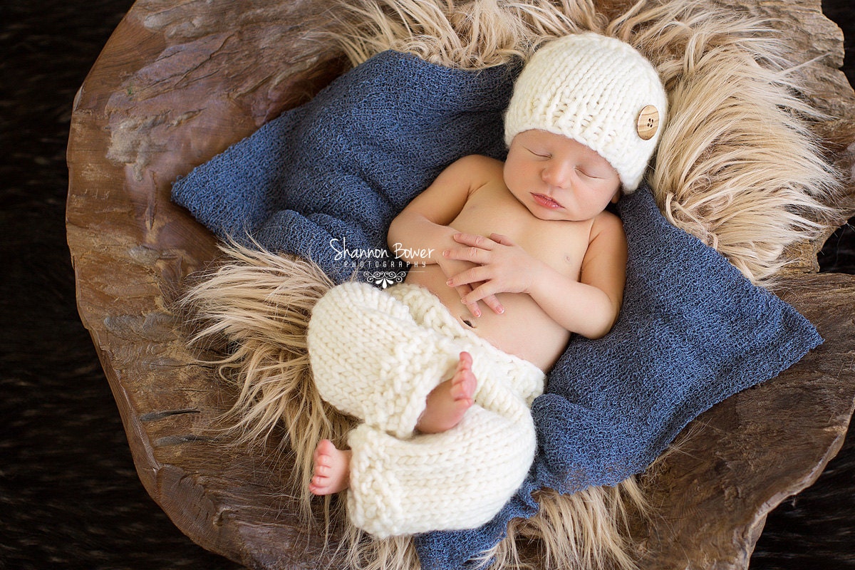 Newborn Snow Bunny Ivory Pants Photography Prop with Matching Hat, Baby Boy Props, Newborn Pants, Photo Props