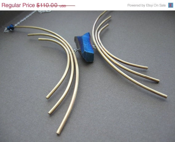 Memorial Day SALE Sleek arcing lines necklace in copper or bronze with sterling silver - Electric Blue Titanium Quartz Crystal