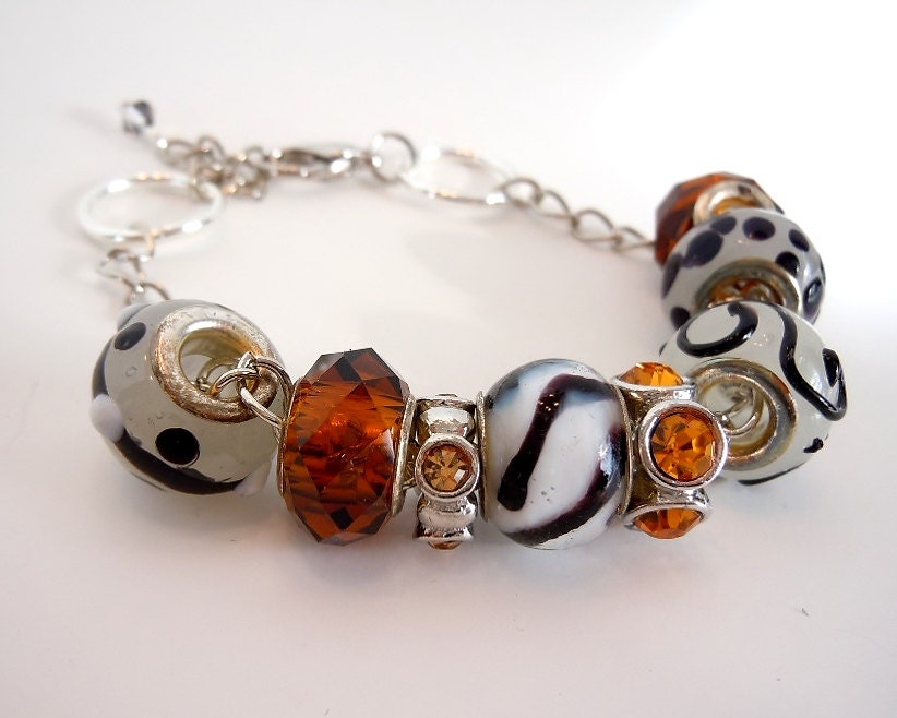 European Style Beaded Bracelet  by Debbie Renee, Brown and White