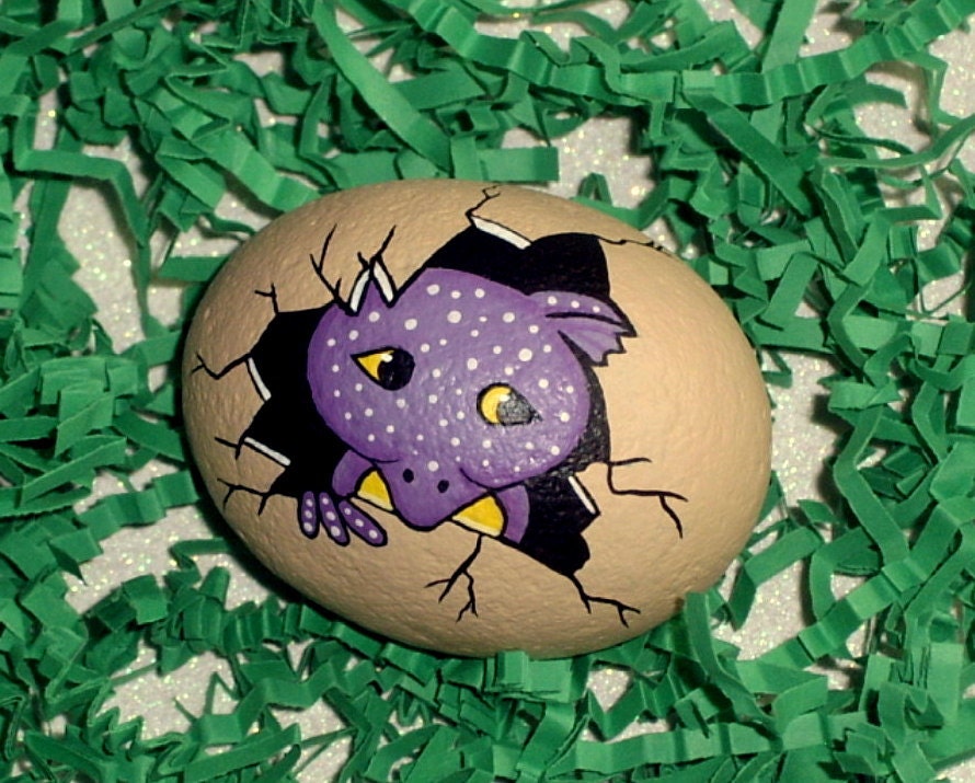 Baby dragon egg, hatchling, spring garden decor, lavendar, lilac, amethyst, fossil rock, hand painted rocks, Rockartiste on Etsy
