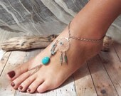 Bohemian Silver Turquoise Dreamcatcher Slave Anklet Boho Hippie Stone Tribal Gypsy Dream Catcher Native American Inspired