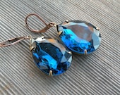 Dark Blue Crystal Earrings, Dangle Earrings, Czech Crystal, Vintage, Midnight Blue