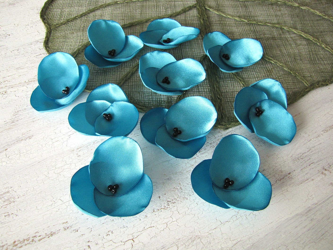 Hydrangea Blossoms- Handmade satin sew on flower appliques, floral supplies, flower embellishments, flowers for crafts (10 pcs)- TURQUOISE