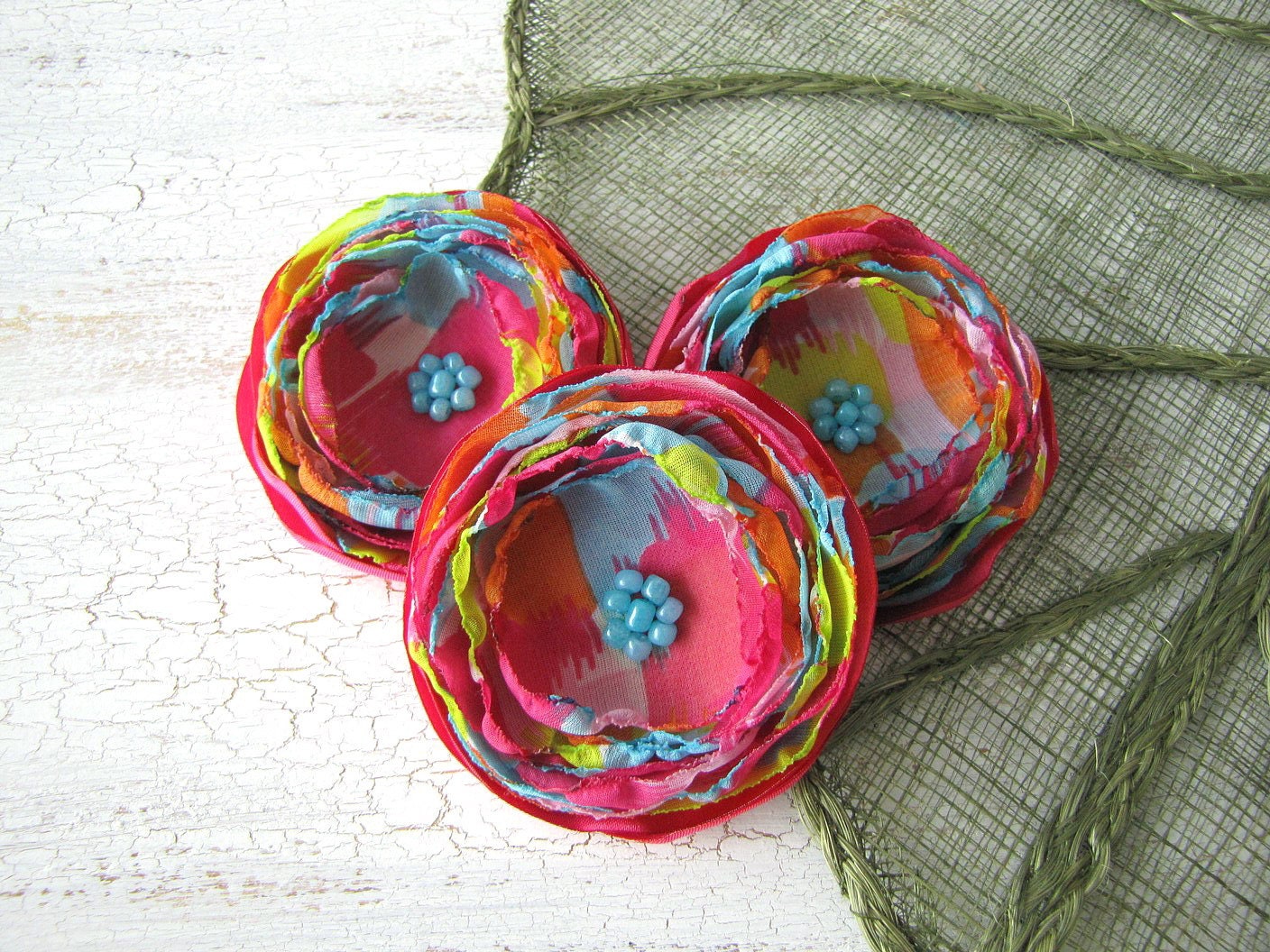 Fabric flower embellishments, flower appliques, fabric flowers, supplies for diy crafts, chiffon flowers (3 pcs) - FLOWERS of THE RAINBOW