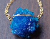 Teal Cavansite Necklace - 14k Gold - raw mineral stone