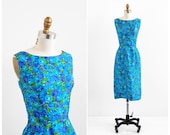 vintage 1950s dress / blue roses dress / 50s Floral Silk Wiggle Dress