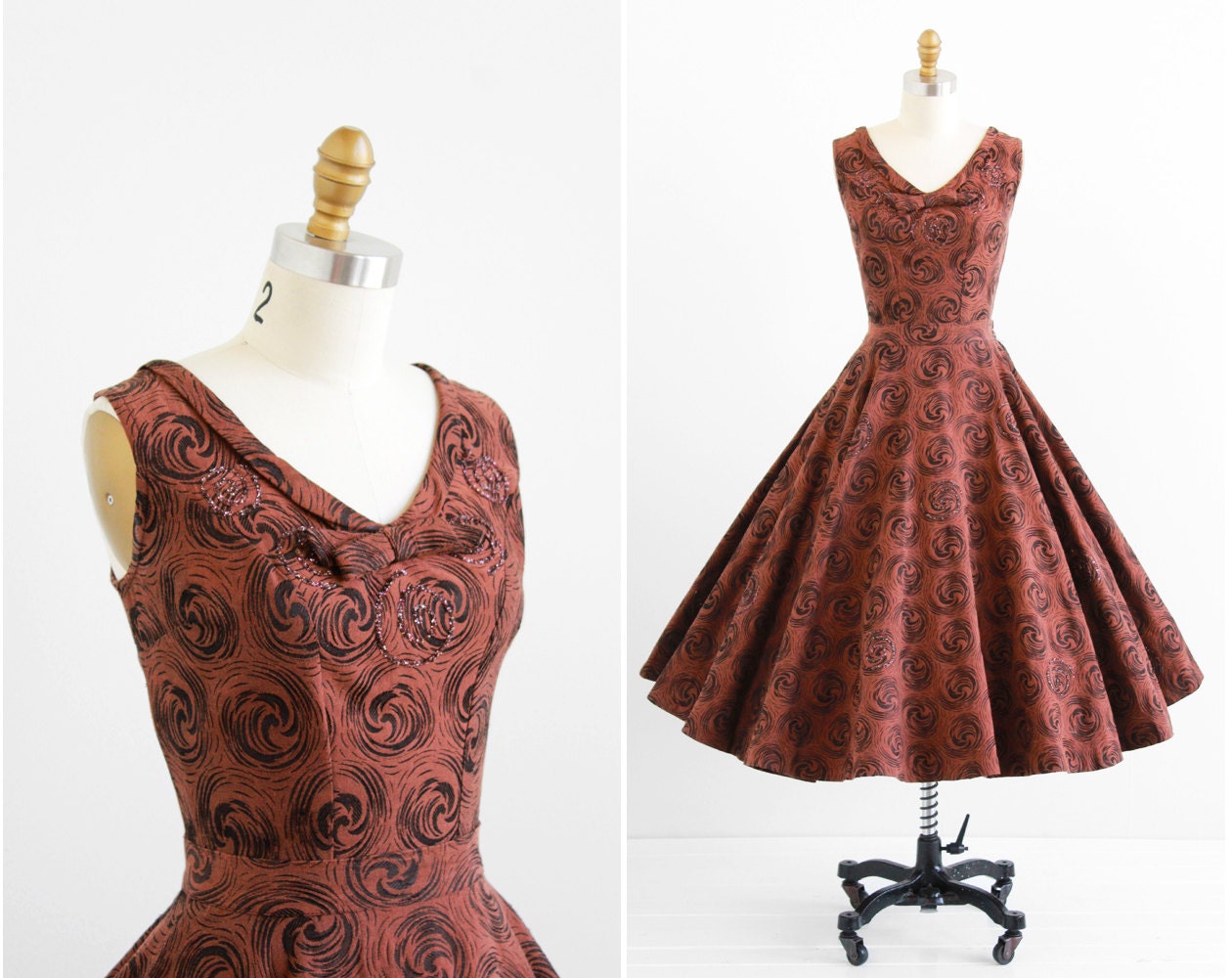 vintage 1950s dress / 50s dress / Brown Glitter Swirls Top and Skirt Set