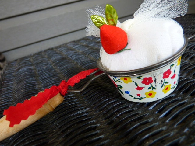 STRAWBERRY UPCYCLED PINCUSHION Bright Scandinavian Style Repurposed Kitchen Sifter Adorable