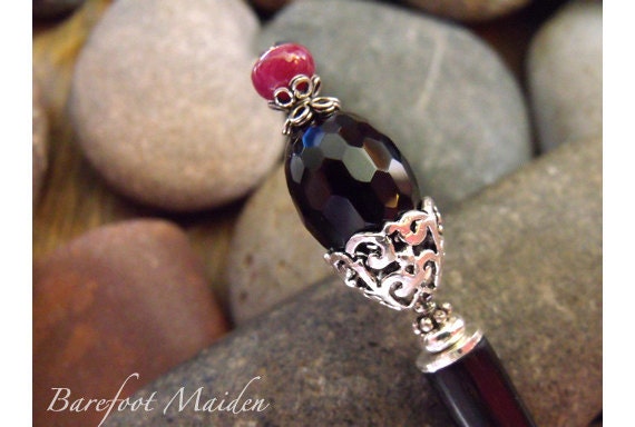 Renaissance Treasure Hairstick / Smoky Quartz, Genuine Ruby, Sterling Silver / Evening Wear / Hair Jewels