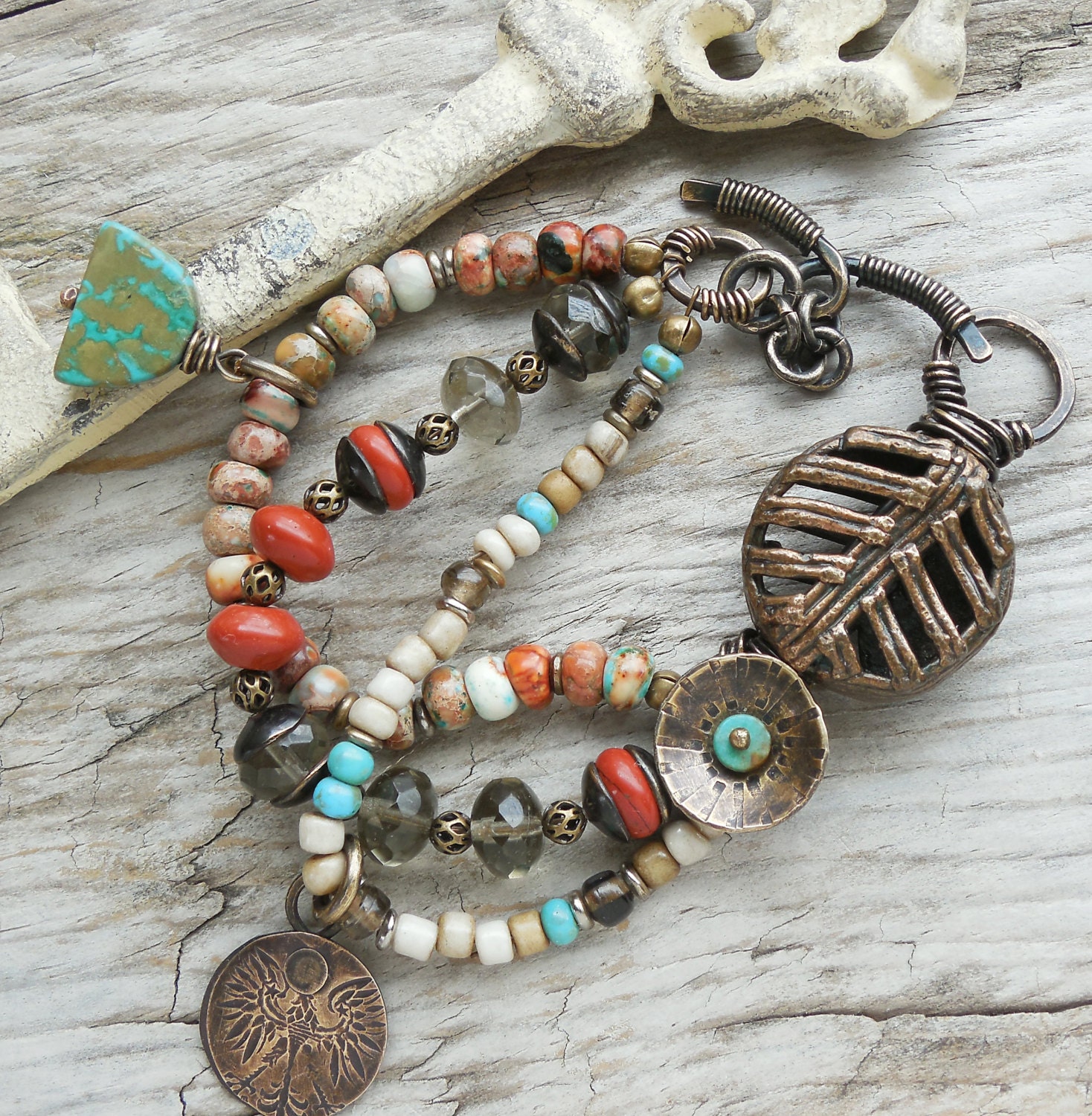 Antiqued Brass Leaf Medallion Southwest Bracelet with Turquoise, Poppy Jasper, Smoked Glass