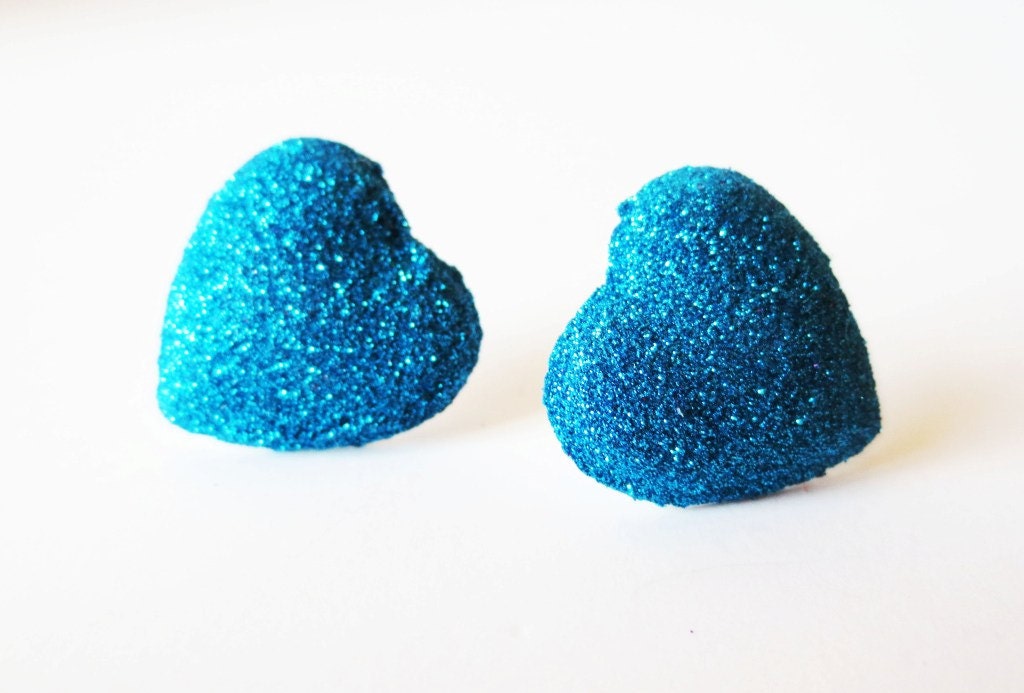 Teal blue glitter heart earrings.  Sterling silver.  Stud post style.