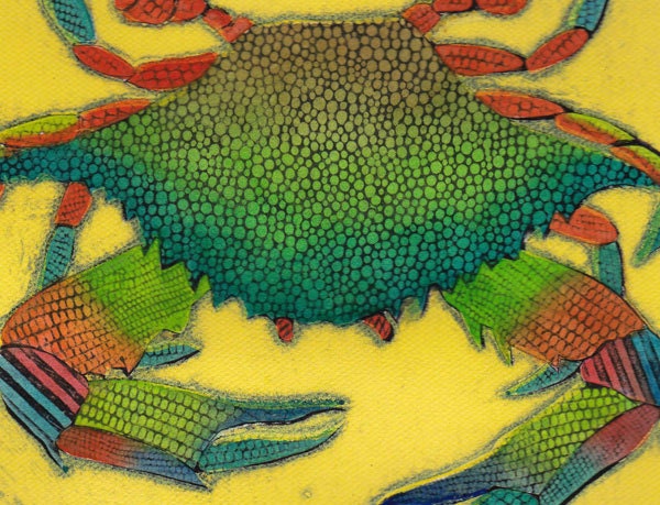 Blue Crab on Yellow 1 - Original Hand-Pulled Fine Art Collagraph Print, Crustacean