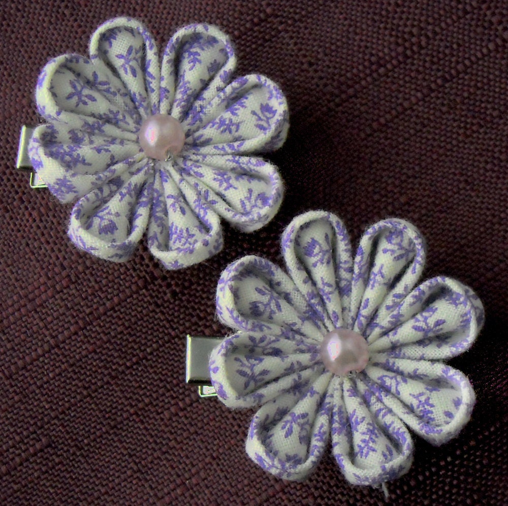 Kanzashi Fabric Flower - Set of 2 Hairclip - Purple and White