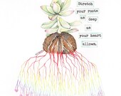 Mixed Media Watercolor Original Succulent Heart Roots Painting by Paintingbliss