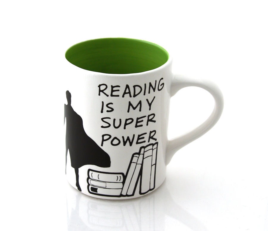 Reading is my super power mug, green, book lover, teacher, gift for him