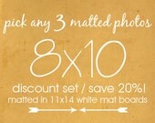 DISCOUNT SET - 20% off - Any three 8x10 Signed and Matted Fine Art Photographs - gift idea print set photo collection buy three and save
