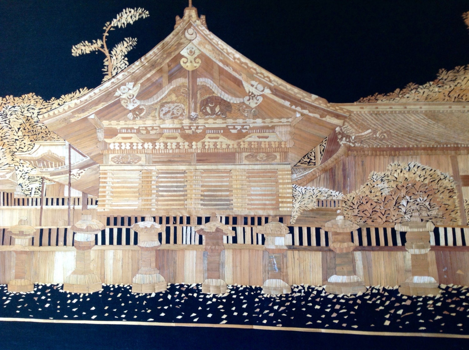 Japanese building. Japan architecture in rice straw art.  Leaf art collectible. Have U seen ancient leaf art