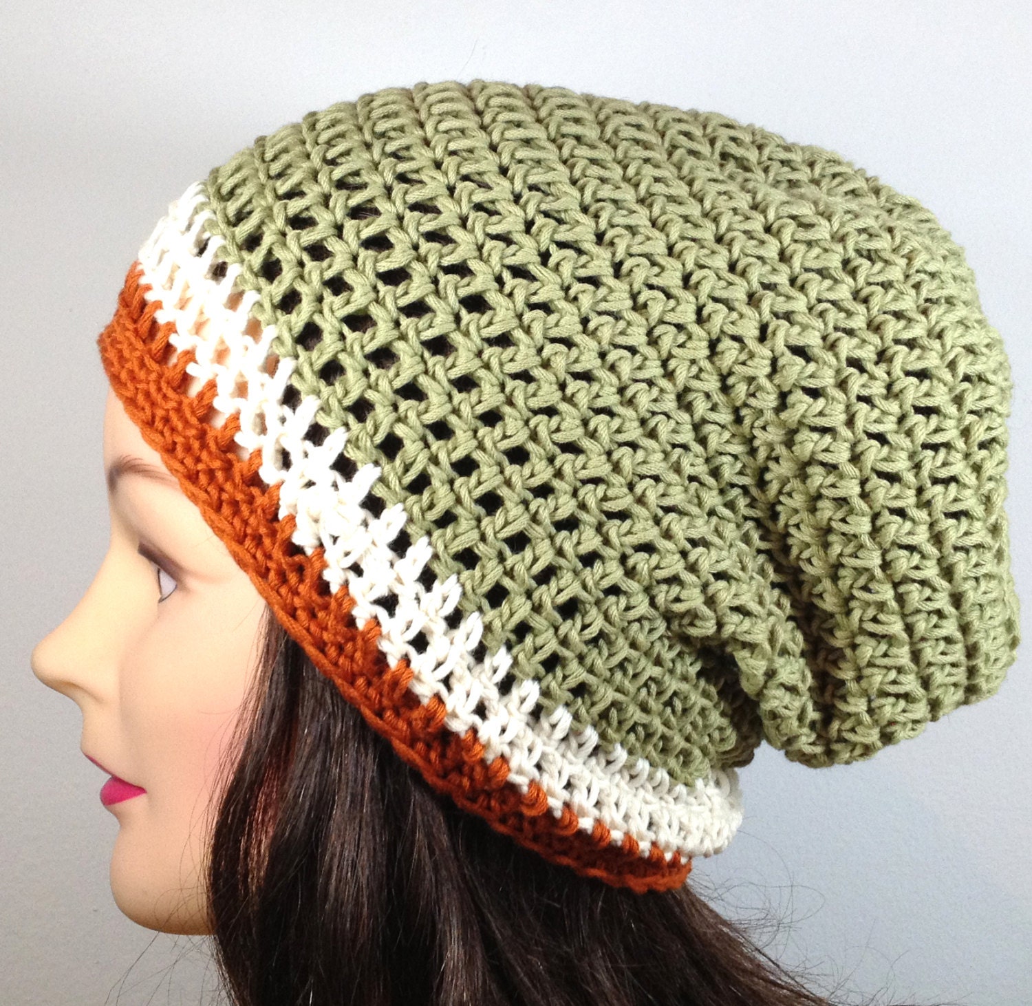 Organic Cotton Slouchy Beanie Tam Hat in Sage Green, Cream, Sweet Potato